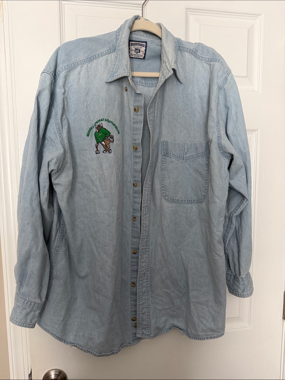 Lee Light Blue Denim Button-Down Shirt with Green Embroidered Graphic